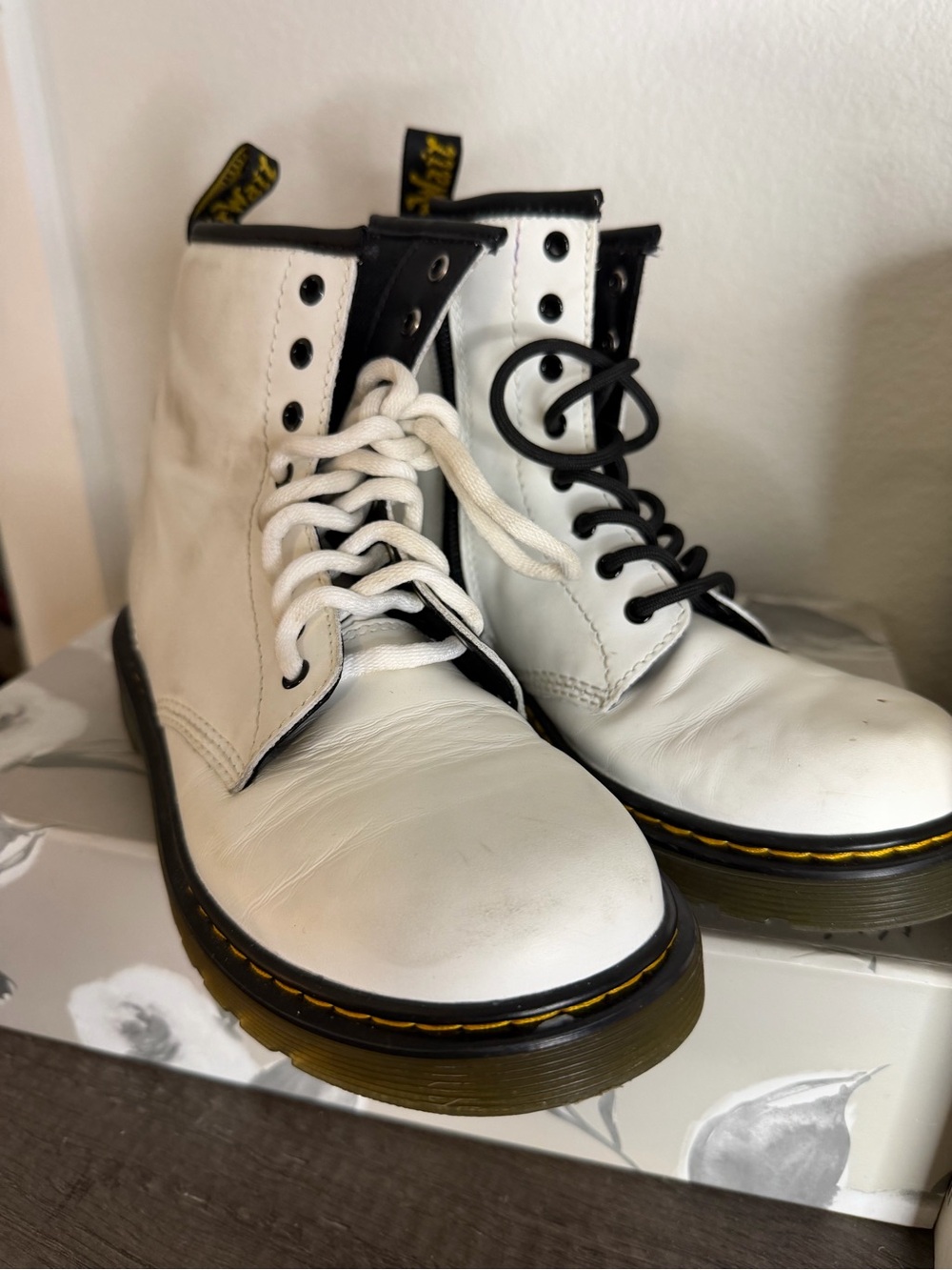 Dr. Martens White Leather Lace-Up Boots with Black Trim
